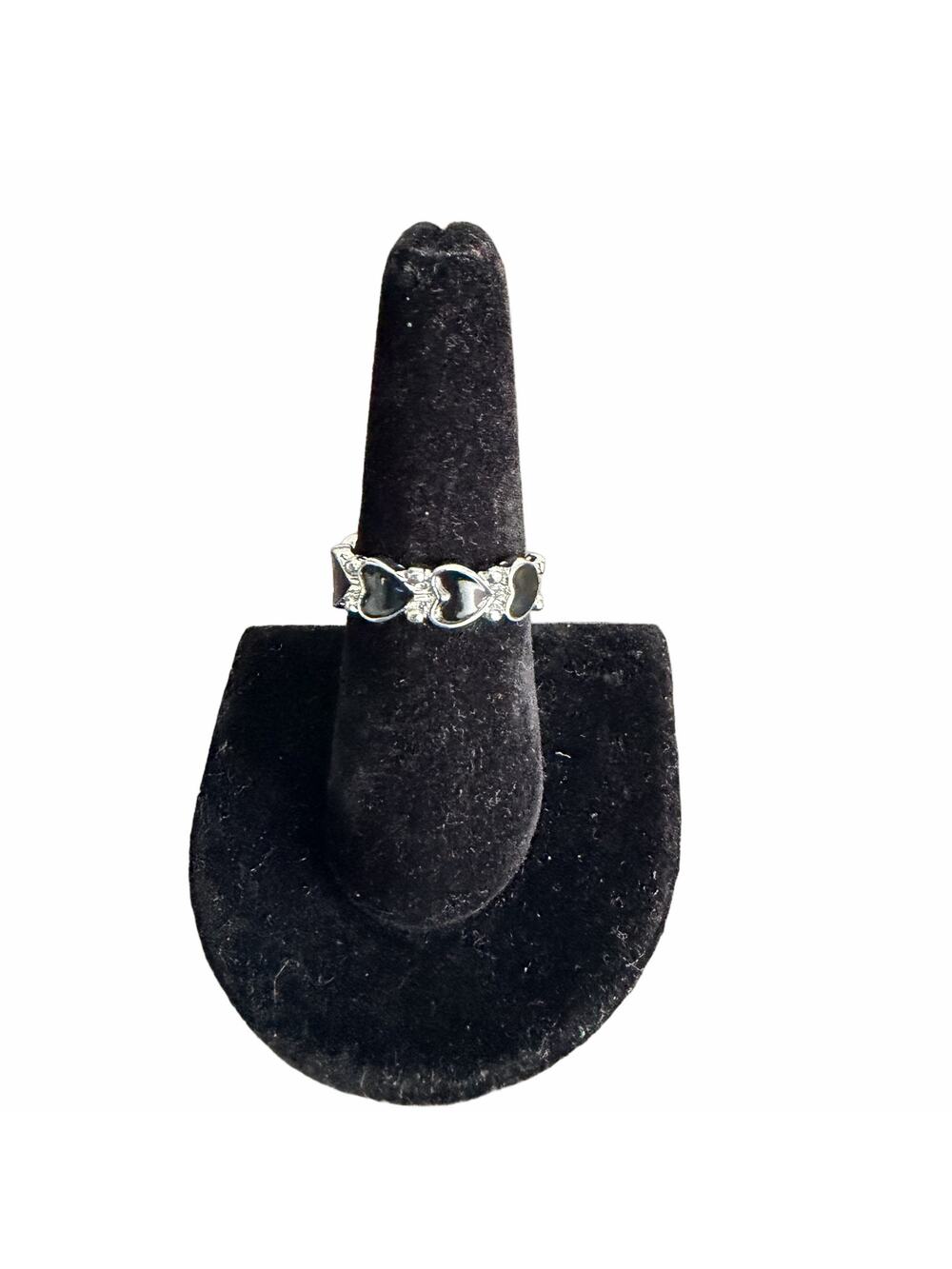 🍭6/$30 Black enamel and silver heart open ring - size 9.25 but adjustable